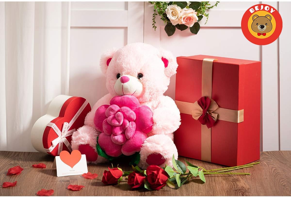 Teddy Bear Stuffed Animals Plush Bear Holding Rose Soft Plush Toy Gifts 16 inches Pink