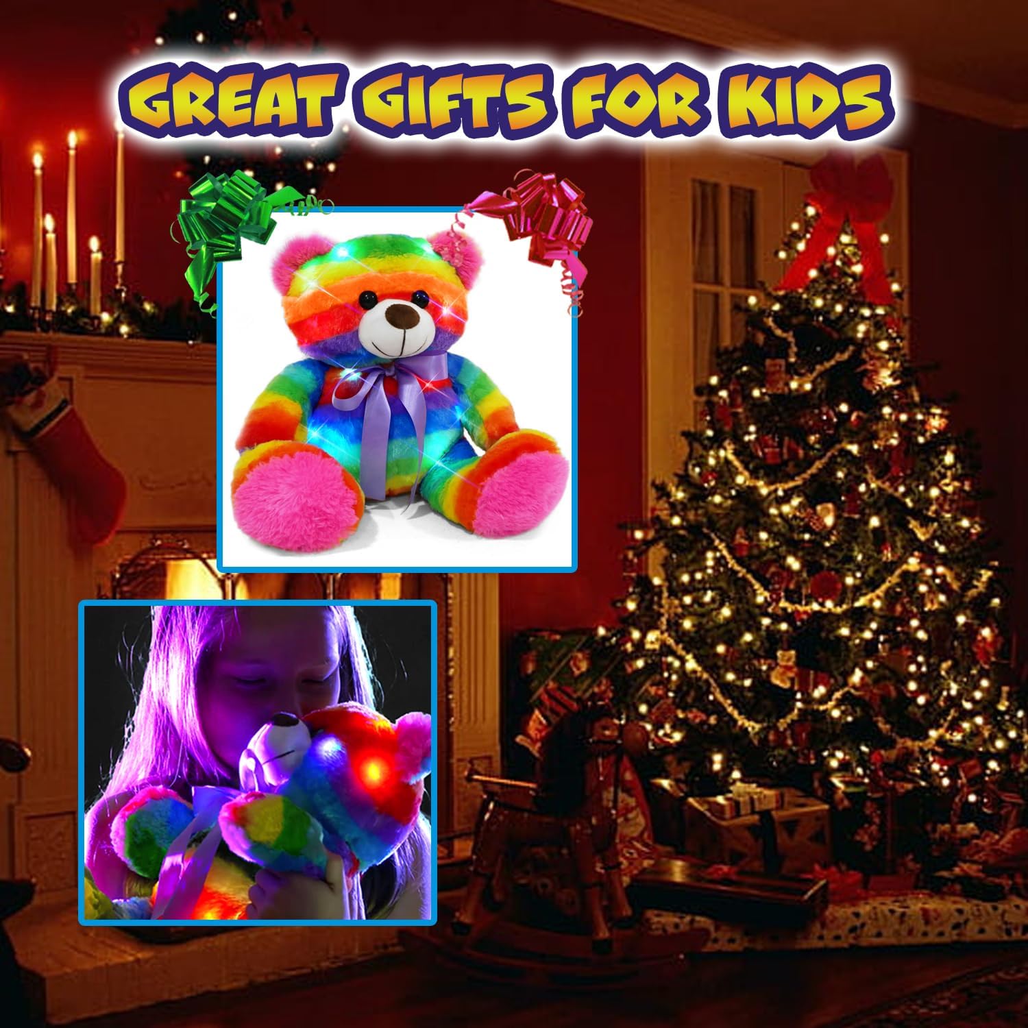 Rainbow Lites Light Up Teddy Bear Stuffed Animal Plush LED Night Light Sleep Toy for Girls (16 inch, Batteries Included)