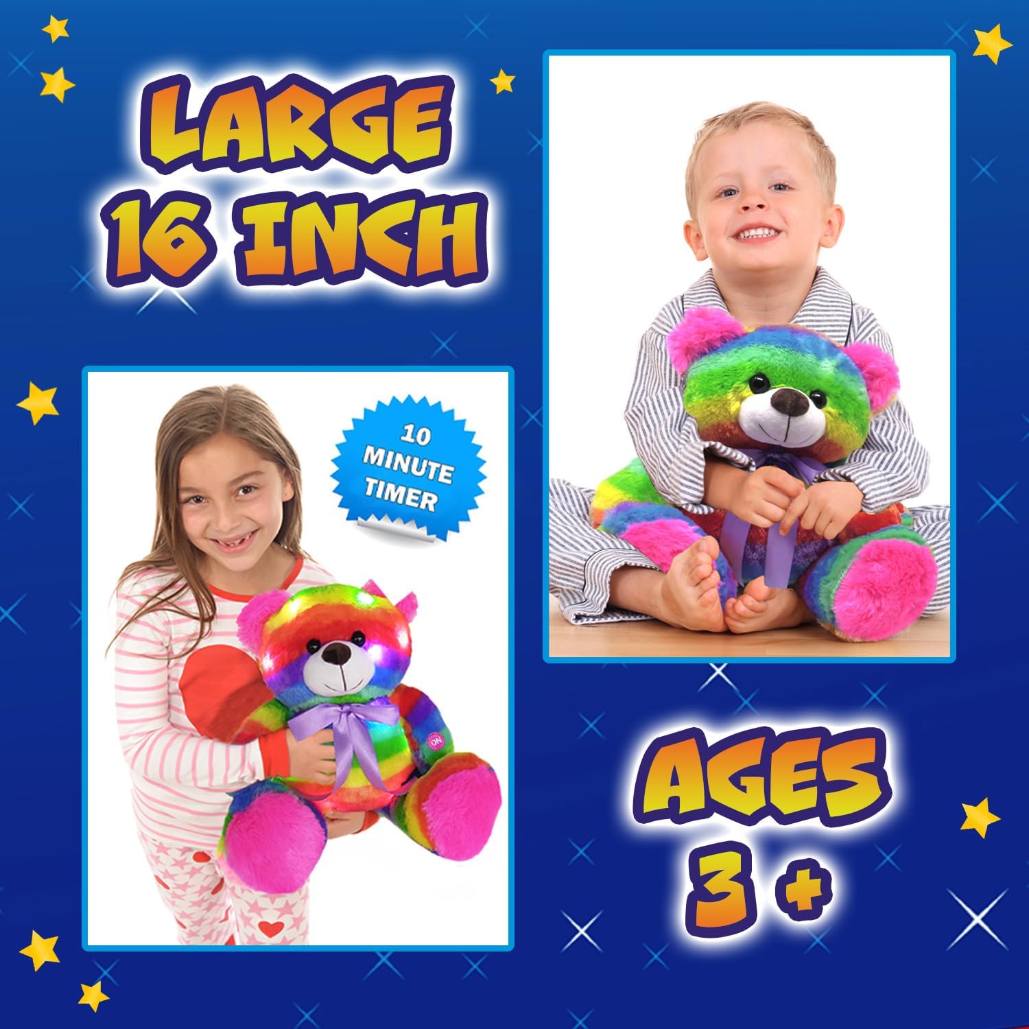 Rainbow Lites Light Up Teddy Bear Stuffed Animal Plush LED Night Light Sleep Toy for Girls (16 inch, Batteries Included)
