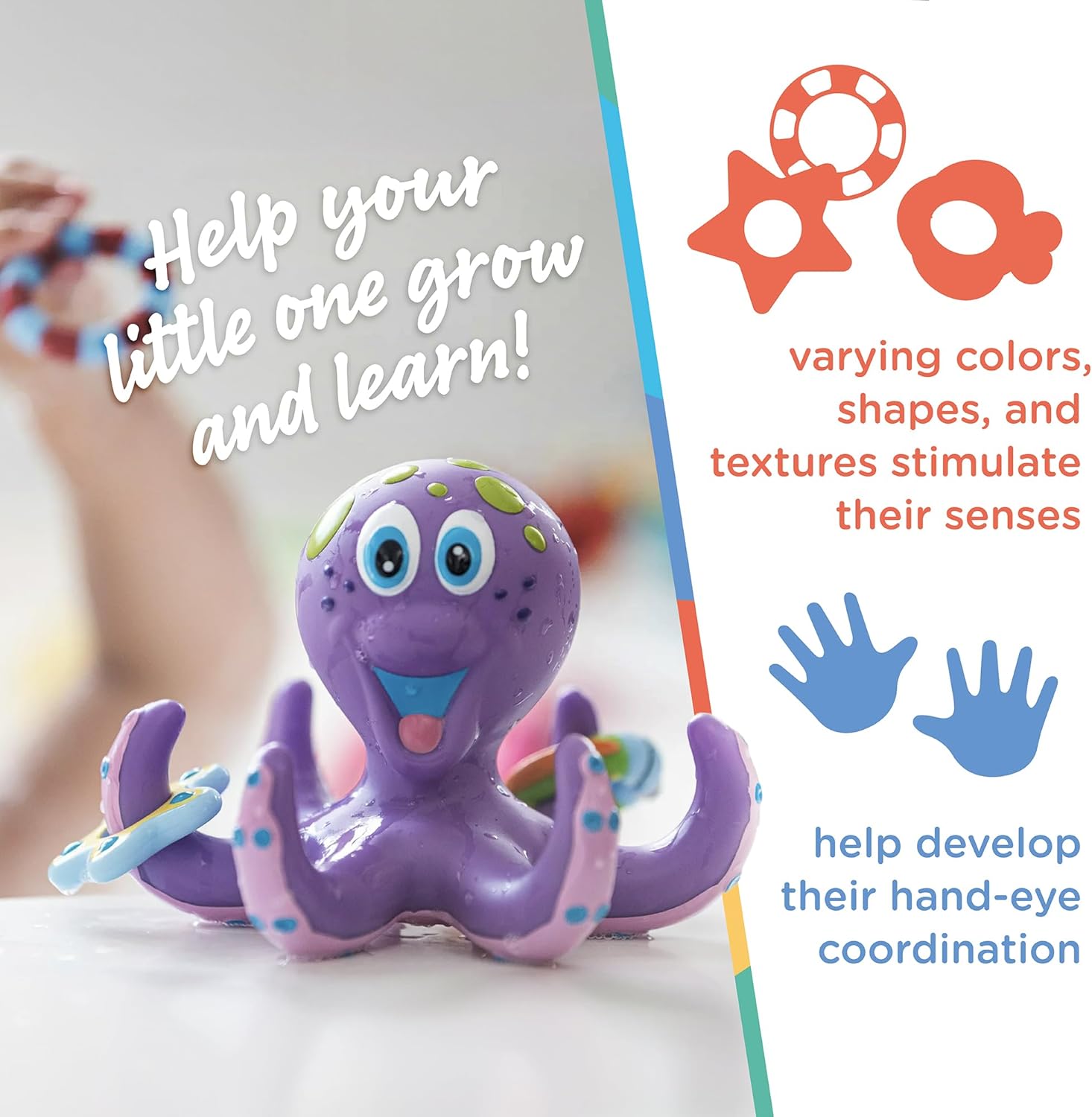 Floating Octopus Bath or Pool Toy with 3 Tossing Rings - Baby and Toddler Bath Toy for Boys and Girls - 18+ Months - Purple (Pack of 1)