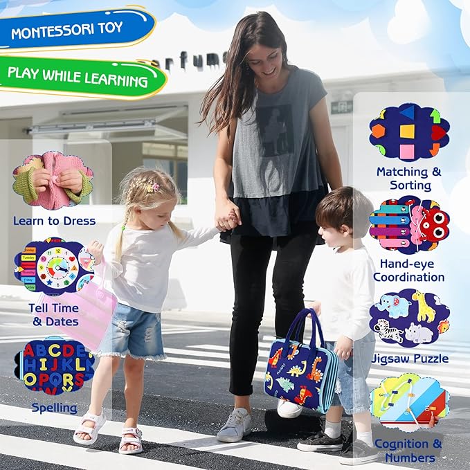 Toddler Busy Board Montessori Toys, Sensory Board Educational Activities for Learning Fine Motor Skills, Gifts for Girls Boys Toddlers, Travel Toys for Airplane Car,Blue Dinosaur