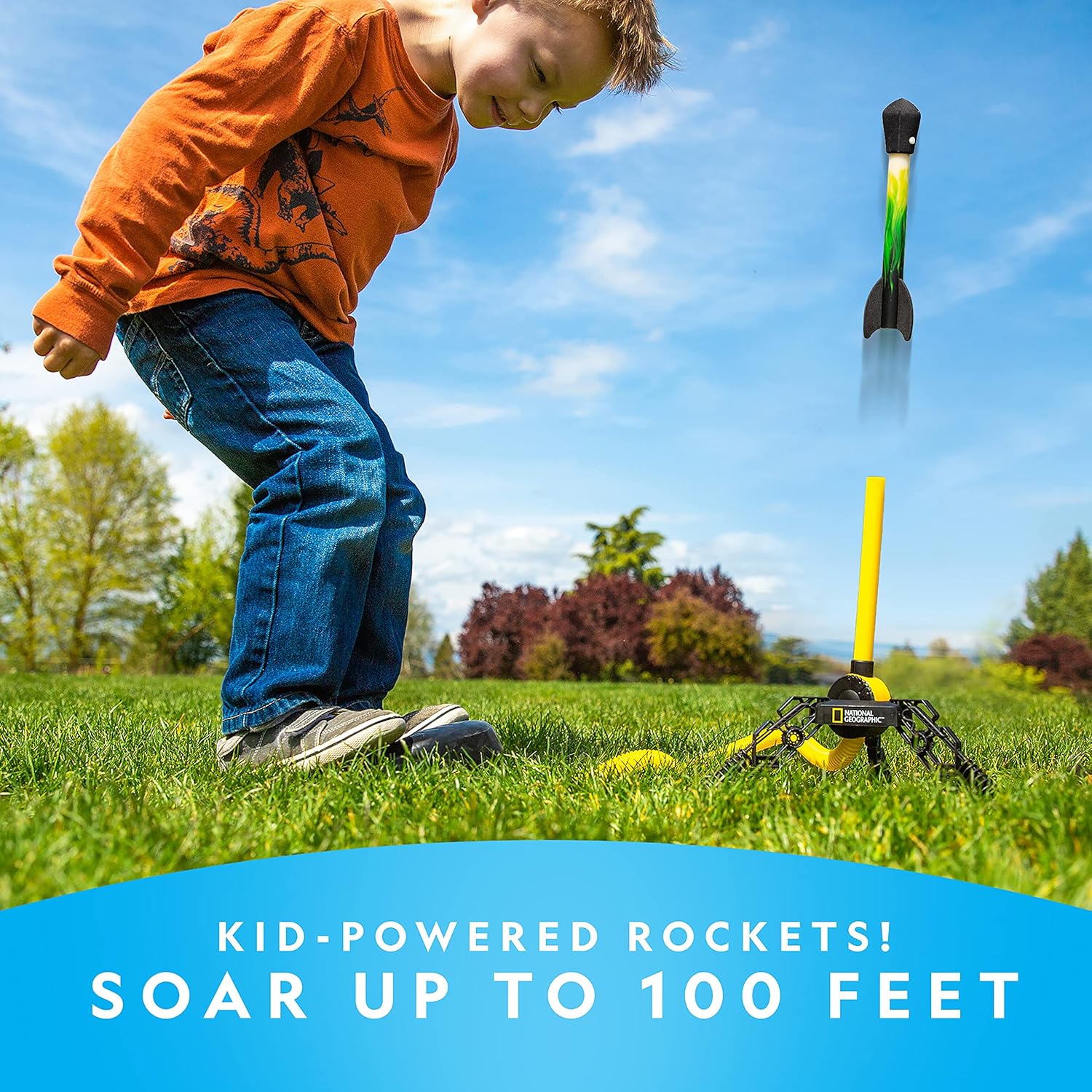 NATIONAL GEOGRAPHIC Air Rocket Toy – Ultimate LED Rocket Launcher for Kids, Jump and Launch The Light Up, Air Powered, Foam Tipped Rockets up to 100 Feet