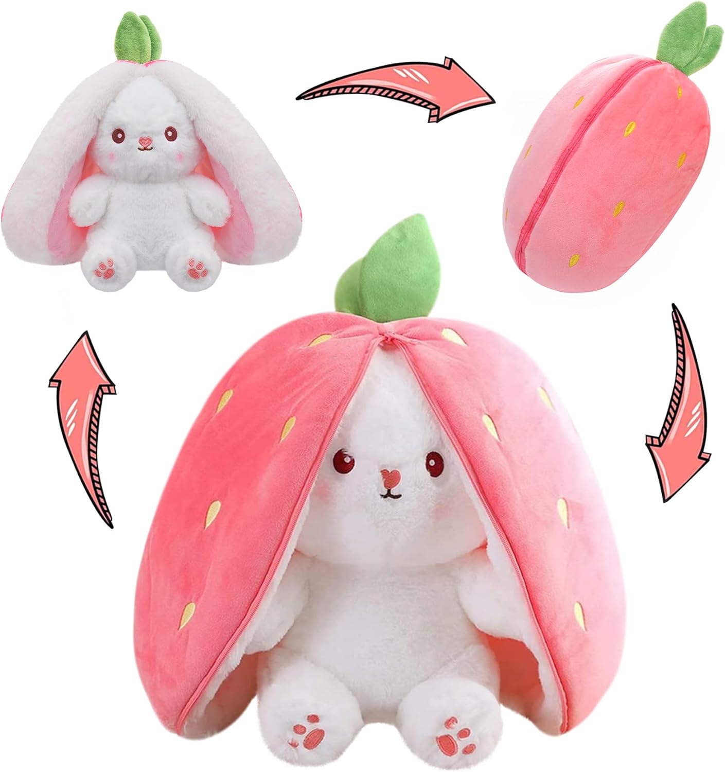 Bunny Stuffed Animal Reversible Cuddle Bunny Stuffed,Strawberry Bunny Transformed Rabbit Plush Zipper,Carrot That Turns Into Ears Bunnies Plushies Toy Cute Stuffy Doll Easter Girlfriend Gift