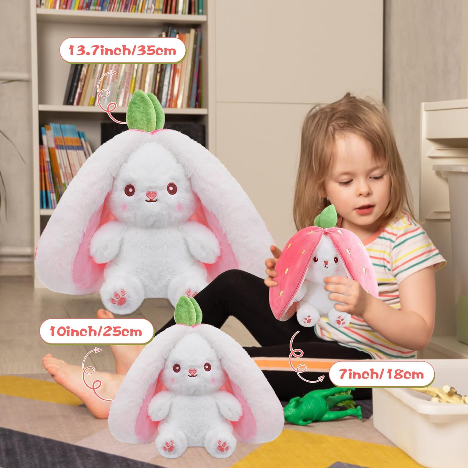 Bunny Stuffed Animal Reversible Cuddle Bunny Stuffed,Strawberry Bunny Transformed Rabbit Plush Zipper,Carrot That Turns Into Ears Bunnies Plushies Toy Cute Stuffy Doll Easter Girlfriend Gift