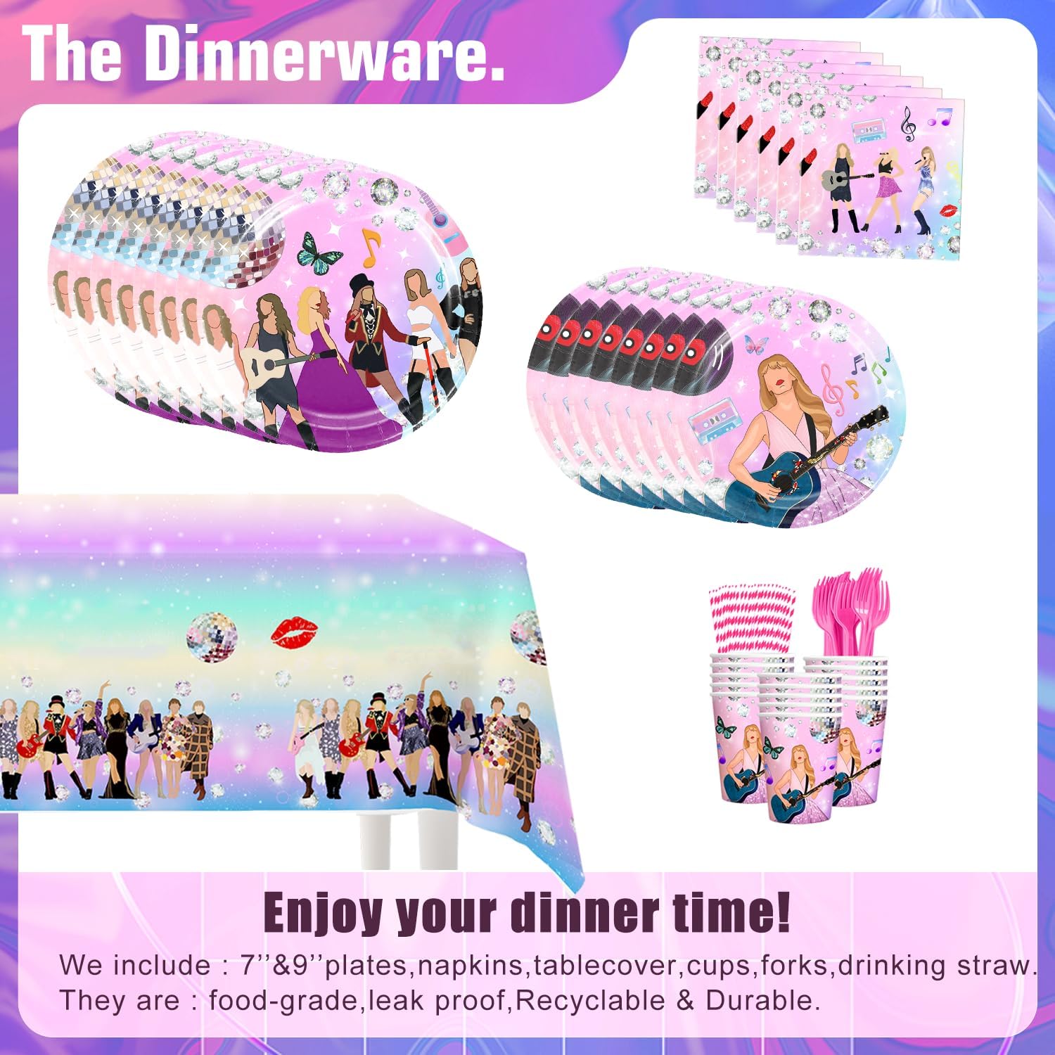 168pcs Birthday Party Decorations Plates, Party Supplies Include Banner, Hanging Swirls, Plates, Napkins, Tablecloth Cups, Forks, Straws for Music Party Decorations Serves 24 Guests