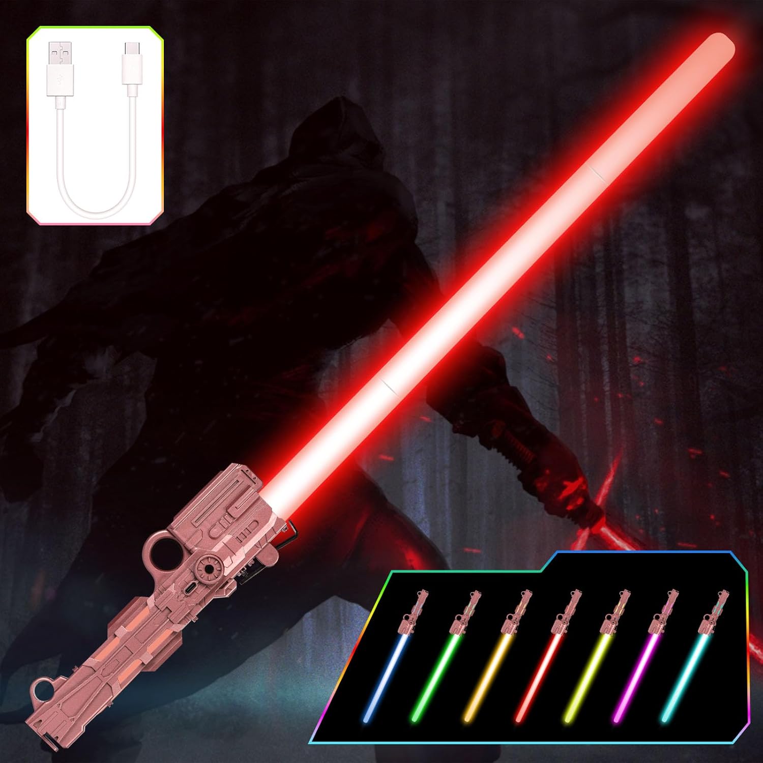 Lightsaber for Kids, 7 Color Rechargeable Light Up Saber with FX Sound & Type-C Charging Cable, Retractable Light Swords for Xmas Dress Up Parties Star Galaxy War Fighters Xmas Gifts - Rose Gold
