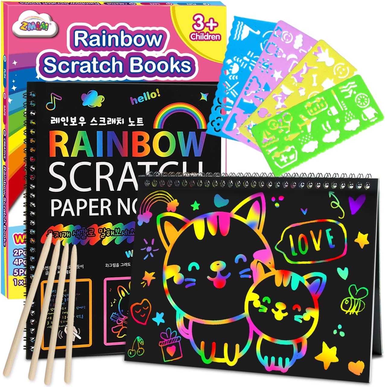Scratch Paper Art-Crafts Gift: 2 Pack Rainbow Notebooks Supplies Toys Easter Basket Stuffers for 3 4 5 6 7 8 9 10 Years Old Girls and Boys Kids Birthday Party Games (Pink)