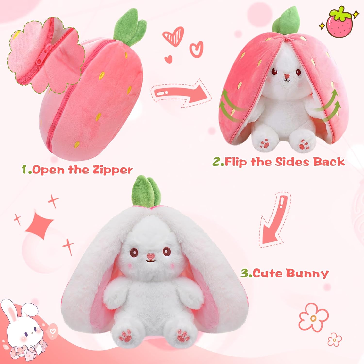 Bunny Stuffed Animal Reversible Cuddle Bunny Stuffed,Strawberry Bunny Transformed Rabbit Plush Zipper,Carrot That Turns Into Ears Bunnies Plushies Toy Cute Stuffy Doll Easter Girlfriend Gift