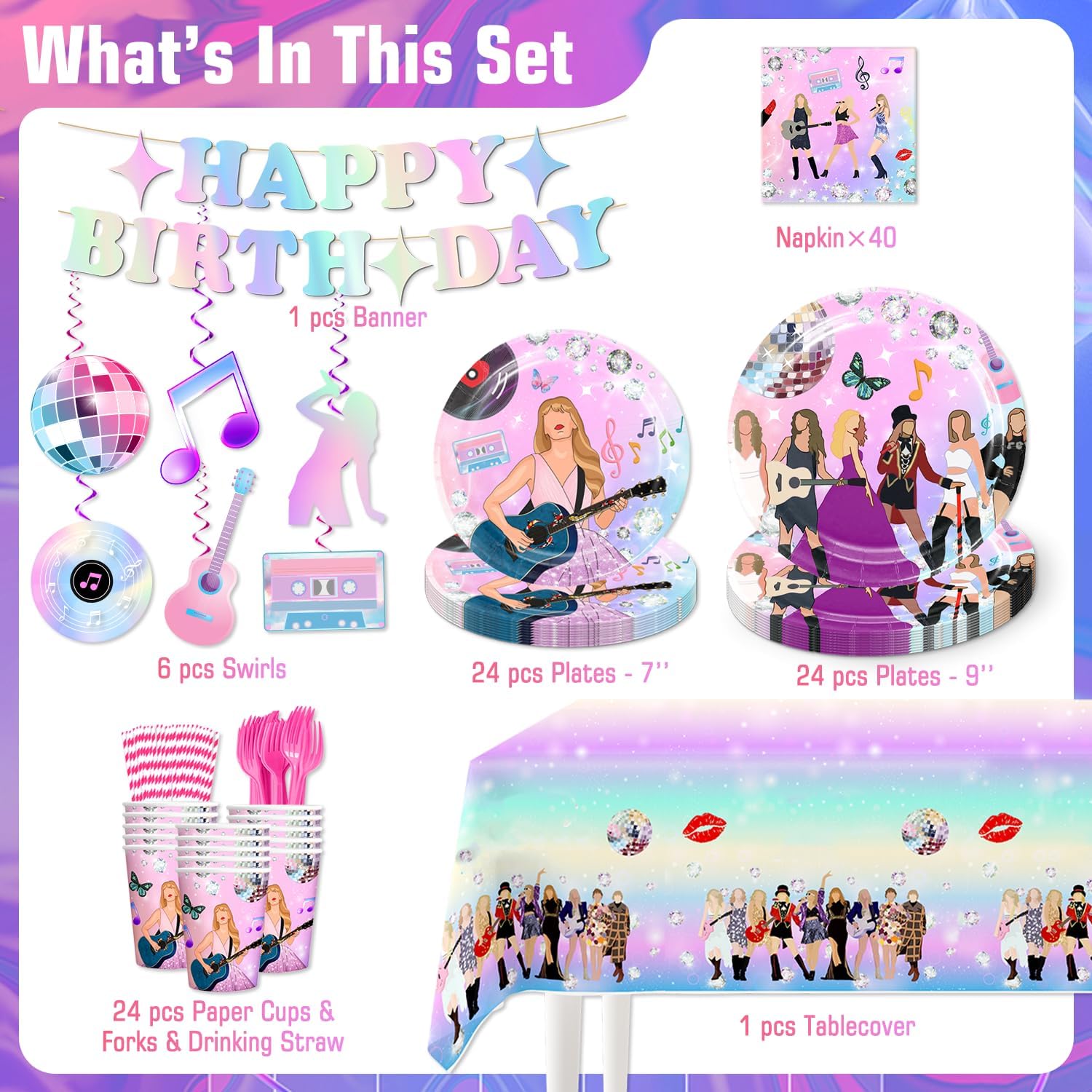 168pcs Birthday Party Decorations Plates, Party Supplies Include Banner, Hanging Swirls, Plates, Napkins, Tablecloth Cups, Forks, Straws for Music Party Decorations Serves 24 Guests