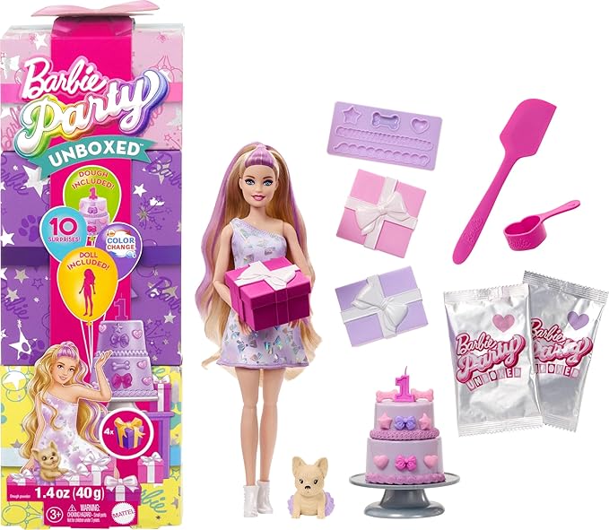 Party Unboxed Doll & Accessories, Pet Birthday Series Birthday Bows Set with 10 Surprises Including Color Change & Cake-Decorating Activity