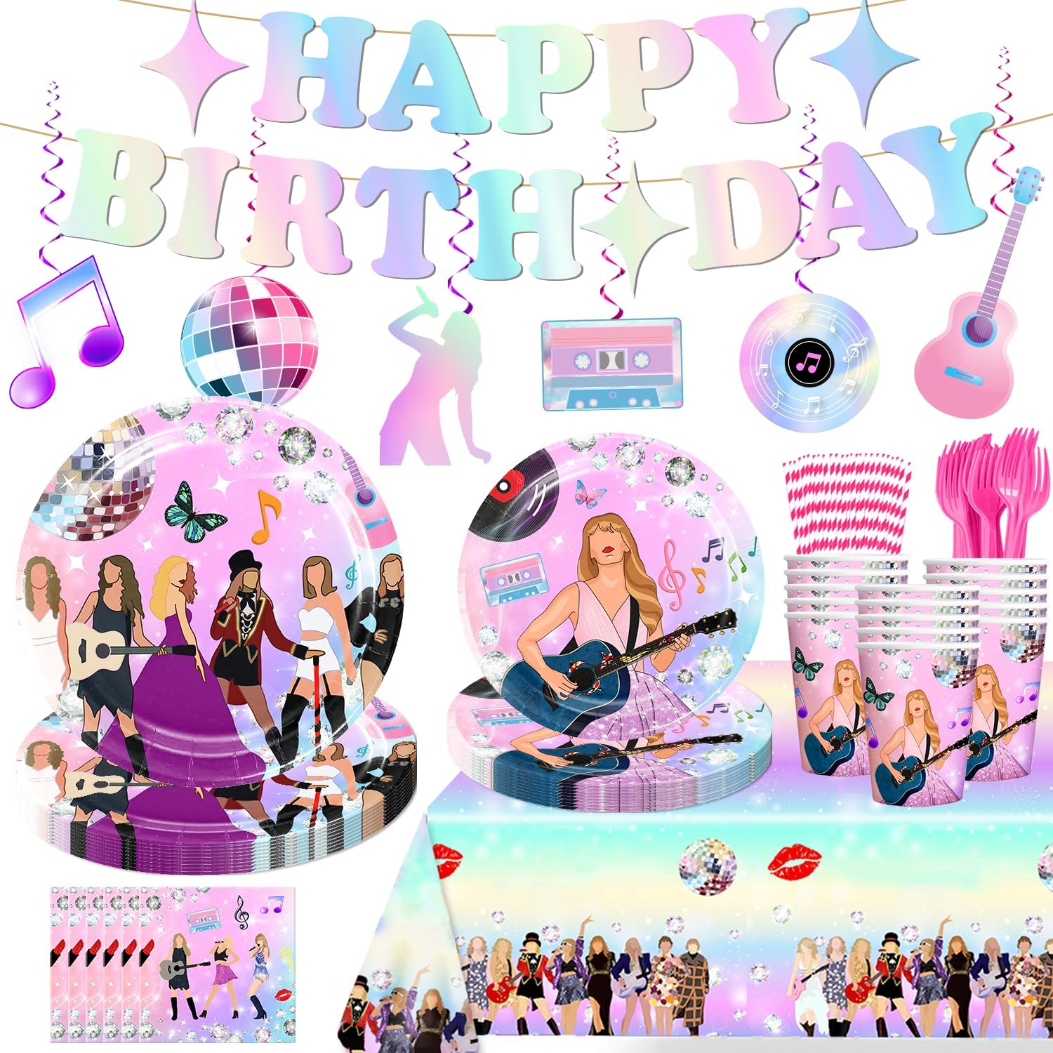 168pcs Birthday Party Decorations Plates, Party Supplies Include Banner, Hanging Swirls, Plates, Napkins, Tablecloth Cups, Forks, Straws for Music Party Decorations Serves 24 Guests