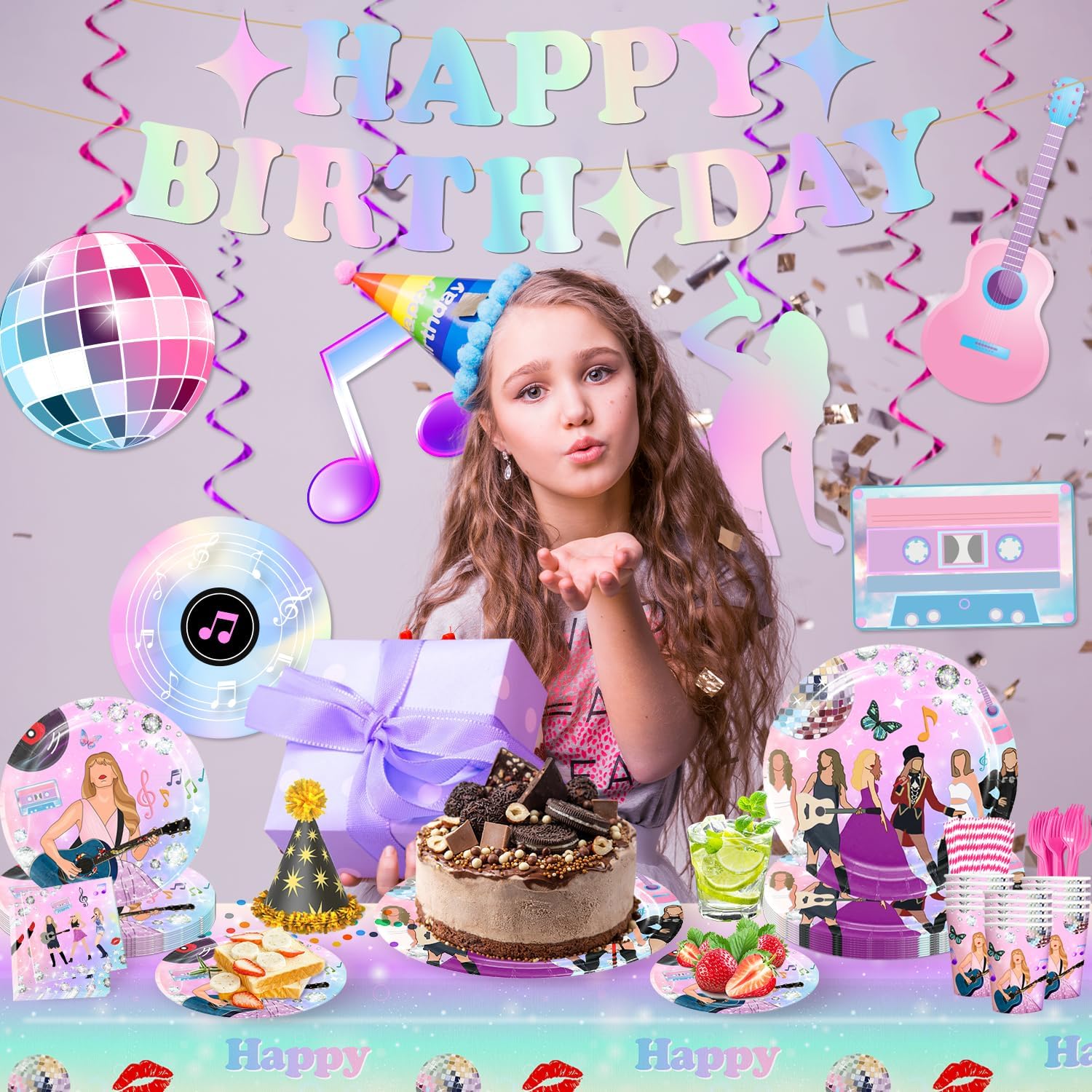168pcs Birthday Party Decorations Plates, Party Supplies Include Banner, Hanging Swirls, Plates, Napkins, Tablecloth Cups, Forks, Straws for Music Party Decorations Serves 24 Guests
