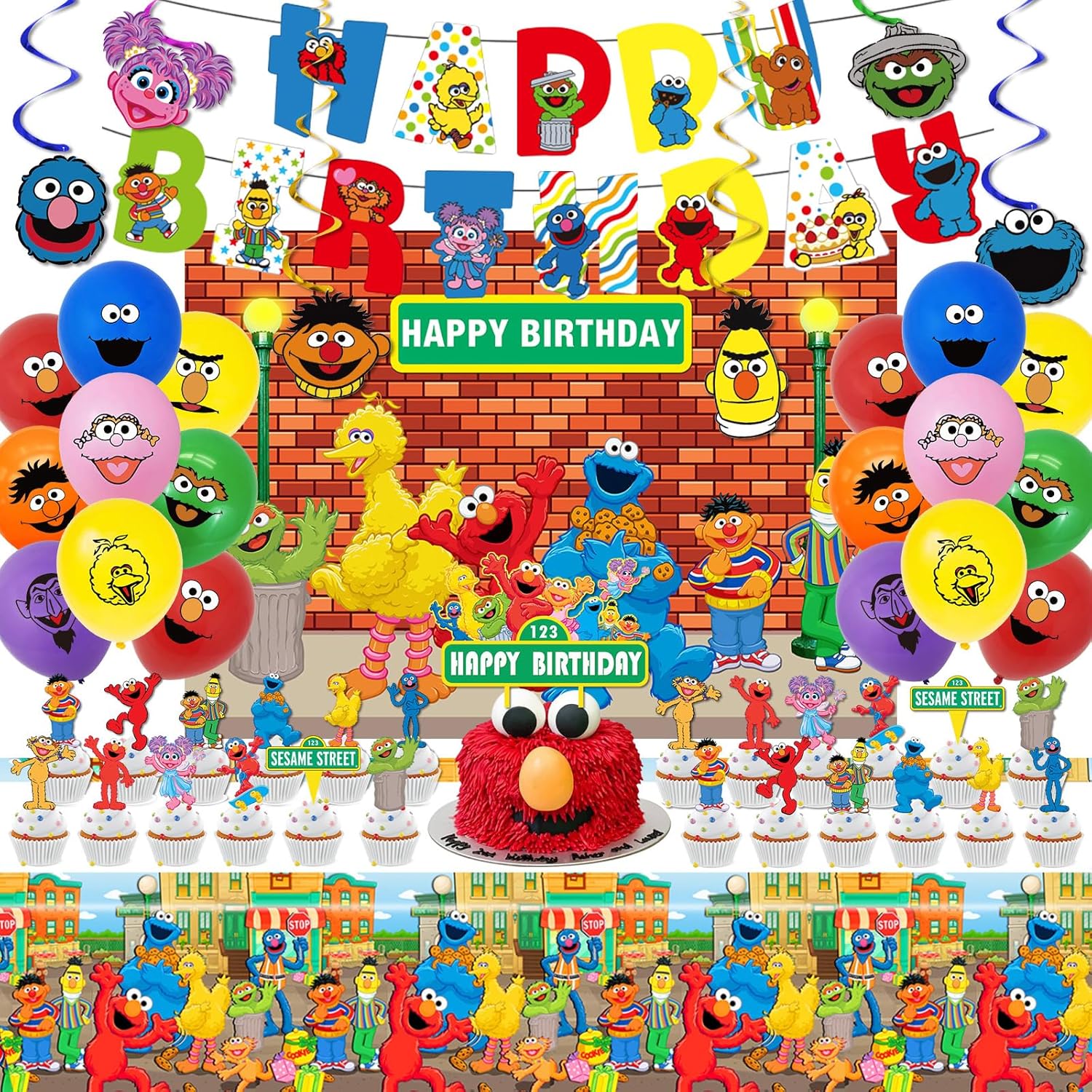 Sesame Friends Street Birthday Party Supplies, Party Decorations Set Include Banner, Backdrop, Balloons, Hanging Swirls, Cake Cupcake Toppers, Tablecloth for Boys Girls Sesame Theme Party