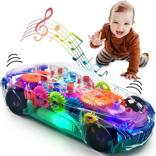 Transparent Electric Car Toy with LED Lights, Music & Moving Gears Educational Sensory Toy for Kids, Perfect Christmas or Birthday Gift