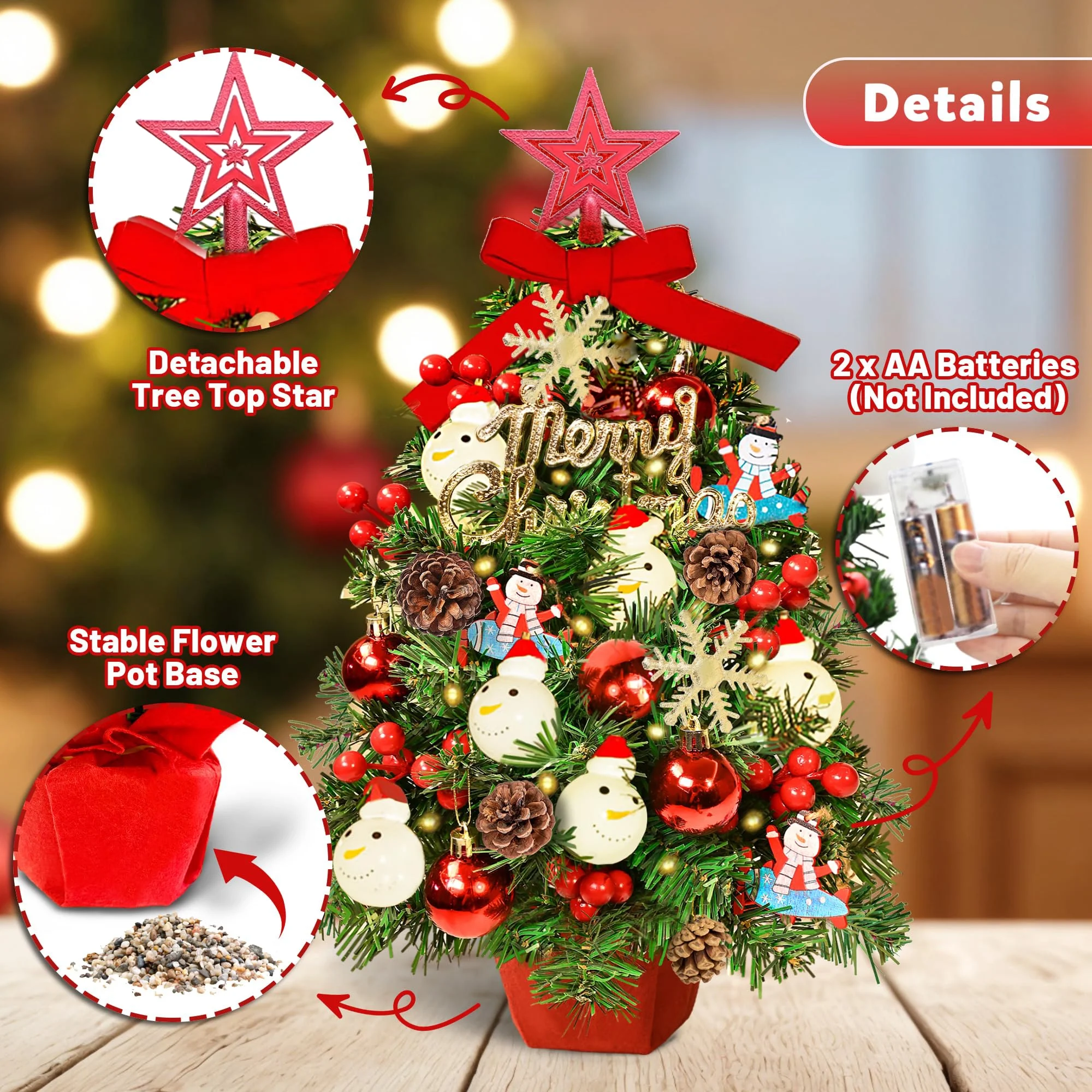 24" Mini Christmas Tree with LED Snowman Globe String Lights & 36 Ornaments Tabletop Artificial Xmas Tree with Pine Cones and Balls for Holiday Indoor Décor - Image 2