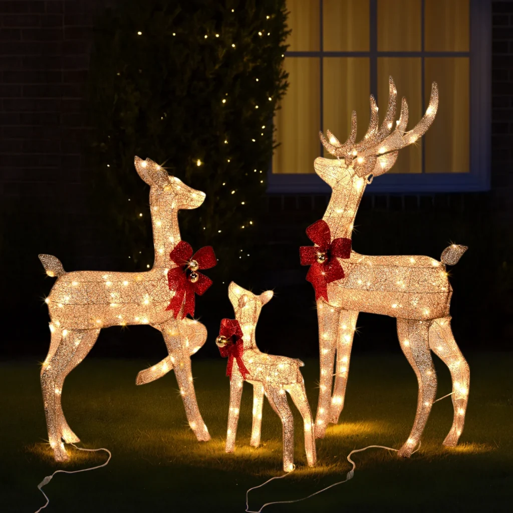 4FT Lighted Christmas Reindeer Set Gold Outdoor Yard Decoration with LED Lights for Holiday Display