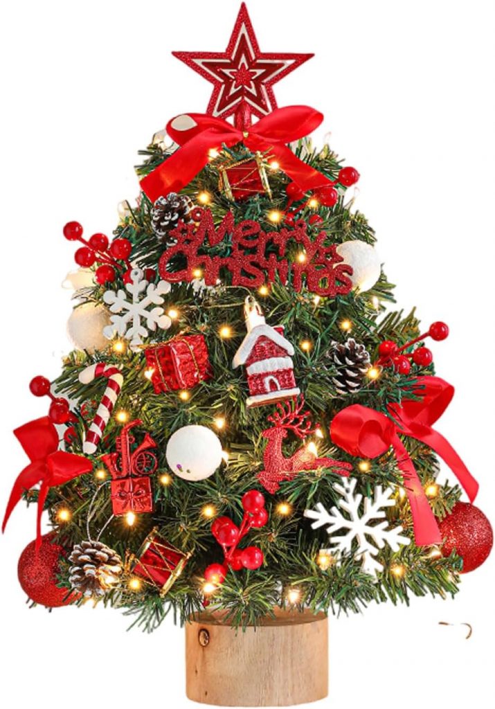 24" Mini Christmas Tree with LED Snowman Globe String Lights &amp 36 Ornaments Tabletop Artificial Xmas Tree with Pine Cones and Balls for Holiday Indoor Décor