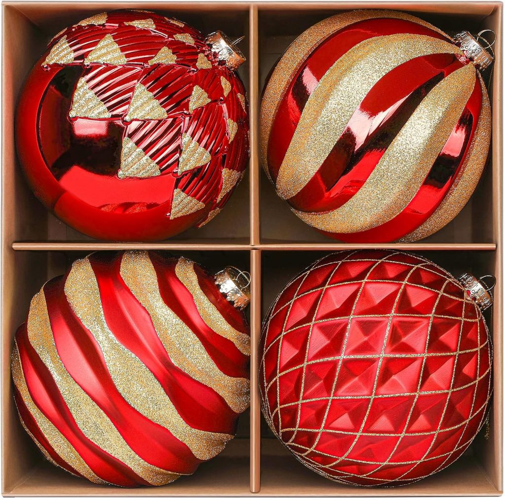 Alupssuc 6 Inch Oversized Christmas Ball Ornaments  Shatterproof Red & Gold Xmas Tree Decorations, Set of 4