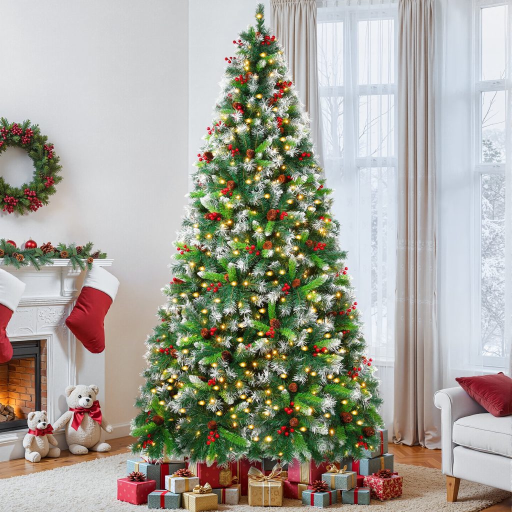 6ft Pre Lit Artificial Christmas Tree  Green Xmas Tree with 300 Warm Lights 800 Branch Tips Pine Cones &amp Red Berries