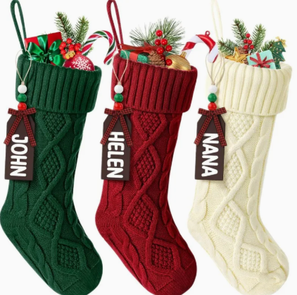 6 Pcs Large Knitted Christmas Stockings with Name Tags 18 Inch Personalized Cable Knit Stockings for Holiday Decoration
