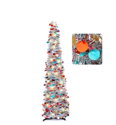 5FT Pop-Up Christmas Tree Silver LED Pencil Tinsel Tree Collapsible Artificial Xmas Tree for Indoor Holiday Décor