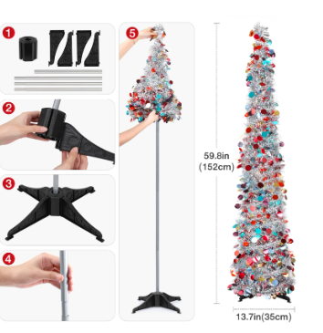 5FT Pop-Up Christmas Tree Silver LED Pencil Tinsel Tree Collapsible Artificial Xmas Tree for Indoor Holiday Décor - Image 2