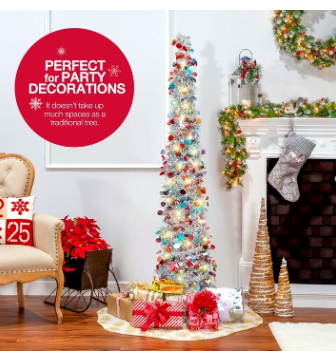 5FT Pop-Up Christmas Tree Silver LED Pencil Tinsel Tree Collapsible Artificial Xmas Tree for Indoor Holiday Décor - Image 3