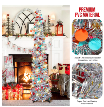 5FT Pop-Up Christmas Tree Silver LED Pencil Tinsel Tree Collapsible Artificial Xmas Tree for Indoor Holiday Décor - Image 4