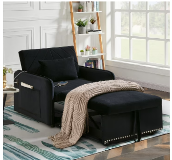 Lunale 3-in-1 Convertible Sleeper Chair Bed Black Velvet Recliner Sofa with USB &amp Type-C Charging Ports  Modern Indoor Lounge Chair