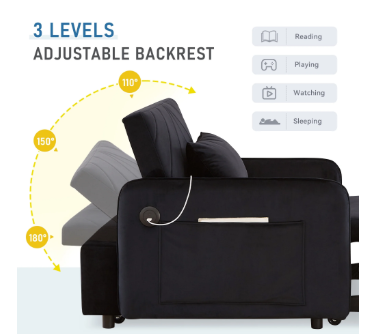 Lunale 3-in-1 Convertible Sleeper Chair Bed Black Velvet Recliner Sofa with USB & Type-C Charging Ports Modern Indoor Lounge Chair - Image 3