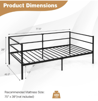 Gymax Twin Metal Daybed Frame Dual-Use Platform Sofa Bed for Living Room & Bedroom Space-Saving Modern Furniture - Image 3