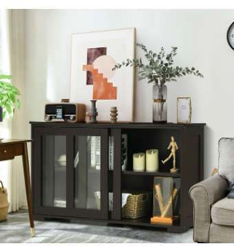 Kitchen Storage Cabinet Sideboard Buffet Cupboard Sliding Door Brown Cabinet for Dining Room, Kitchen &,Home Organization - Image 2