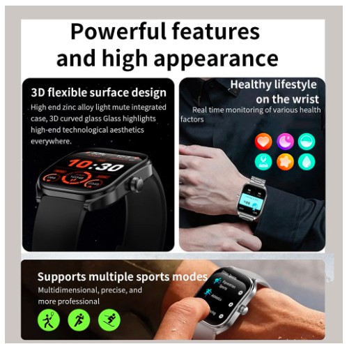 Fruit Intelligence Curved Smart Watch 2.01 Display, Black Silicone Case & Band, Fitness Tracker, Bluetooth Call, Waterproof New 1 Count 1 Pack - Image 3