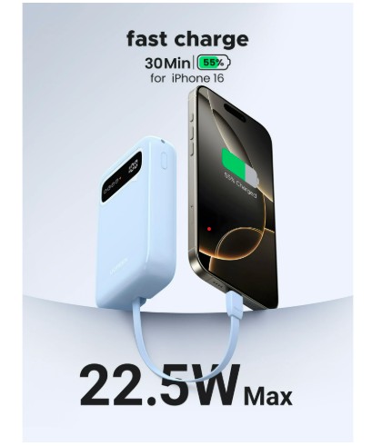 Power Bank 20,000mAh Portable Charger with Dual Built-in Cables 22.5W Fast Charging, Smart Digital Display, External Battery Pack for iPhone, Samsung Galaxy, iPad, and More - Image 3